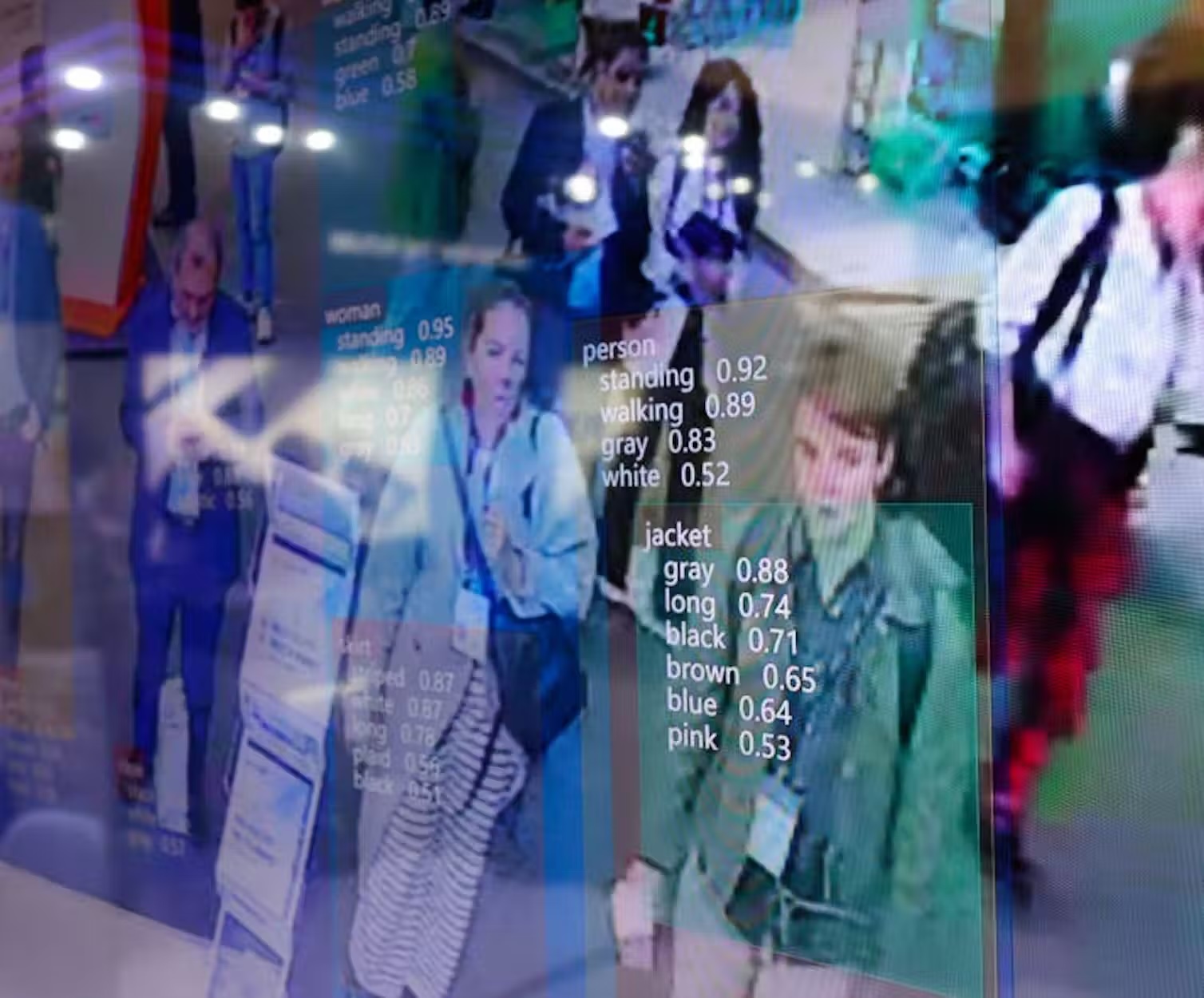 A digital screen showing an AI program identifying people in a crowd. Highlighted boxes display confidence scores for attributes like clothing color. The scene reflects a busy environment, emphasizing technology's role in monitoring.
