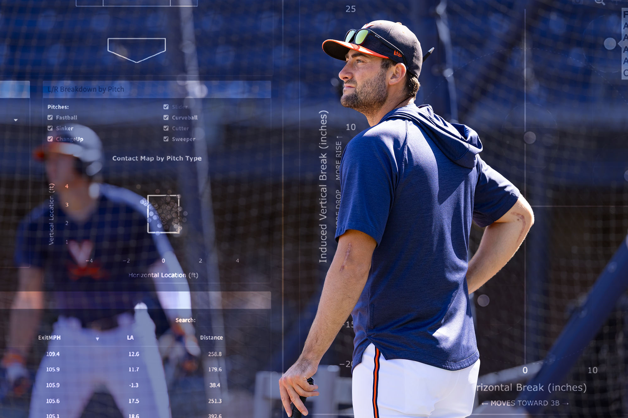 Jason Natoli standing in a baseball field with data superimposed abstractly over the photo.