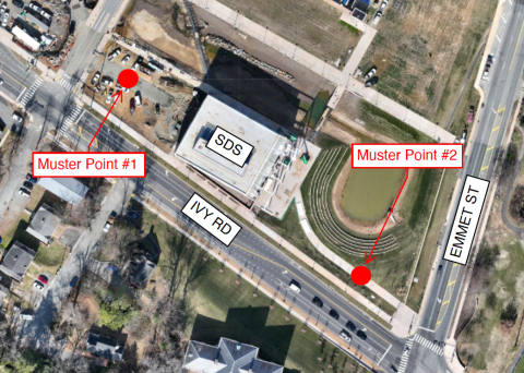 Aerial view of a building labeled "SDS" near Ivy Rd and Emmet St. Red dots mark "Muster Point #1" and "Muster Point #2" on the sidewalks.