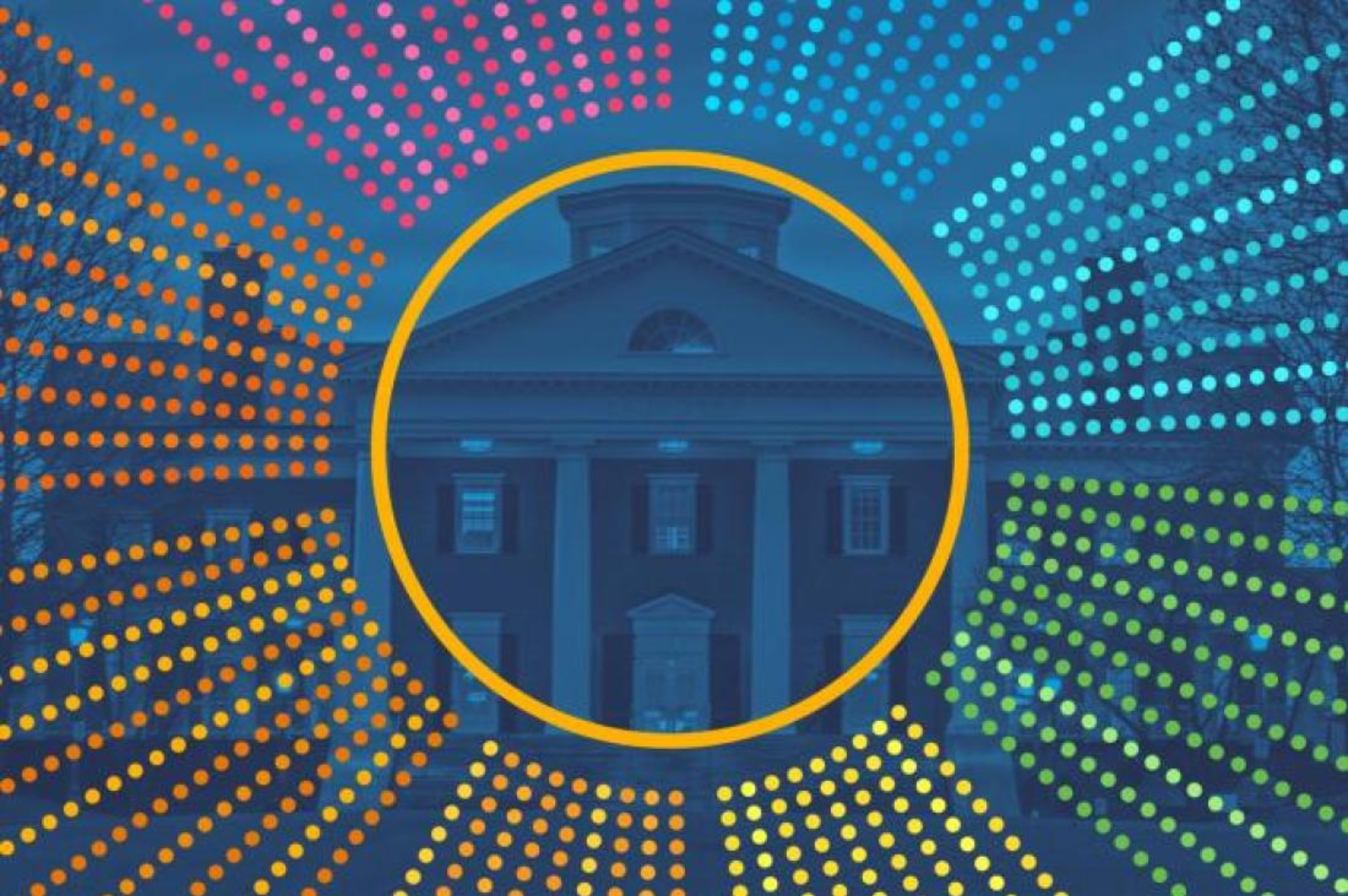 A building with columns is centered in a blue tone behind a yellow ring. Colorful dots radiate outward.