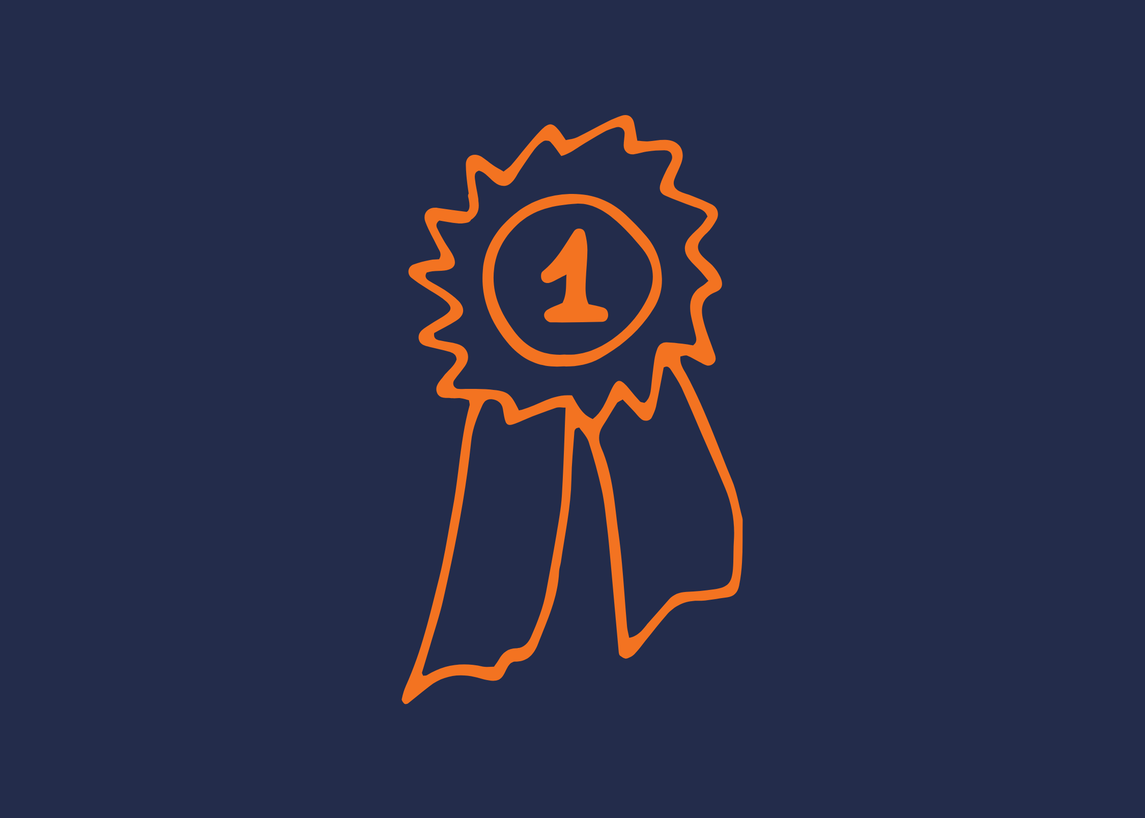 An orange outline of a first-place ribbon with a "1" in the center, set against a dark blue background. 