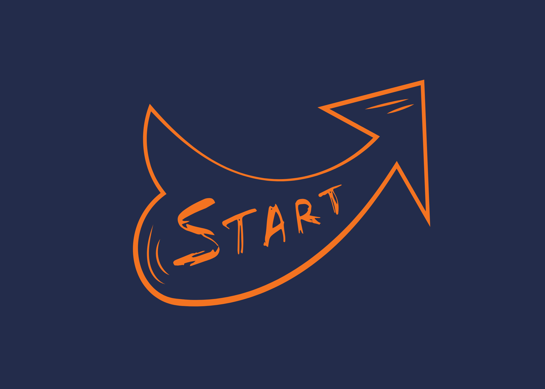 An orange arrow with the word "Start" in a playful font on a dark blue background. 