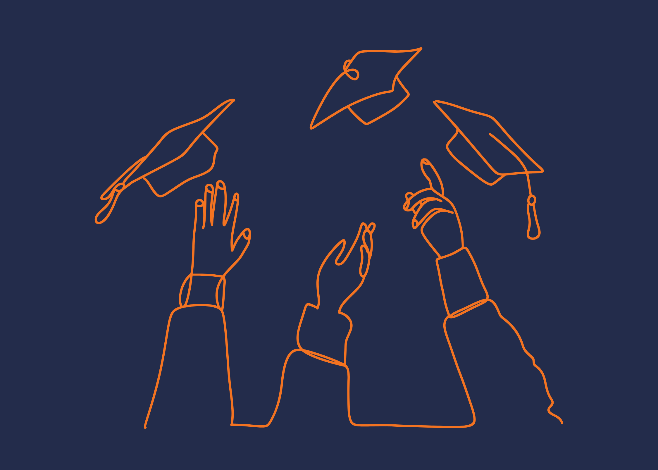 Illustration of three hands tossing graduation caps in the air against a dark blue background. The line art is orange.