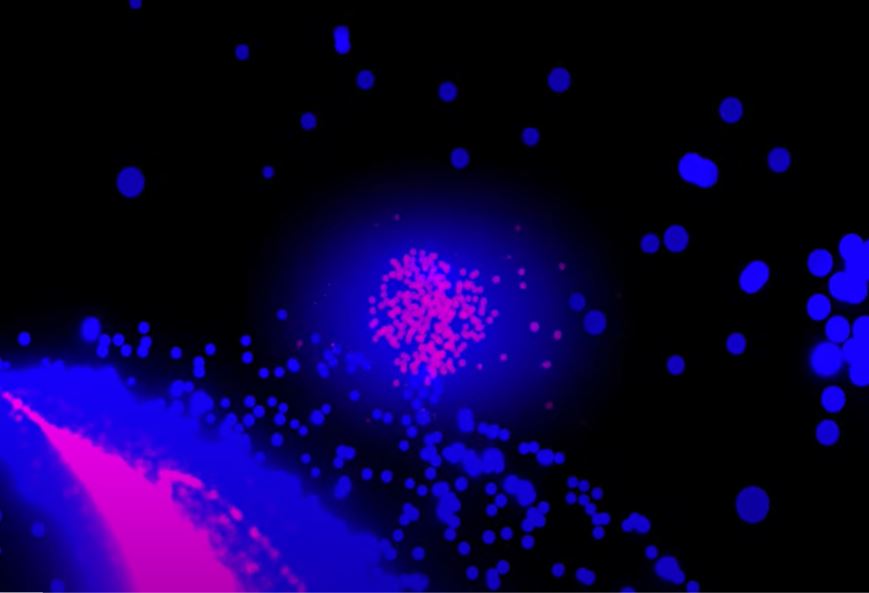 Abstract digital artwork featuring vibrant blue and pink dots against a black background, creating a cosmic or futuristic atmosphere.